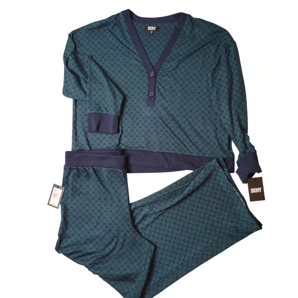 DKNY Womens Teal Logo Print Henley Top and Wide Leg Pajama Set XL New Lounge - Picture 15 of 16
